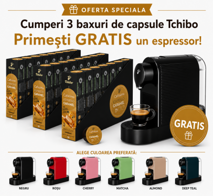 Pachet 24 cutii capsule Tchibo Cafissimo Espresso Caramel si espressor Tchibo Pure Plus cadou