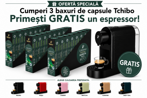 Pachet 24 cutii capsule Tchibo Cafissimo Espresso Barista Brasil si espressor Tchibo Pure Plus cadou