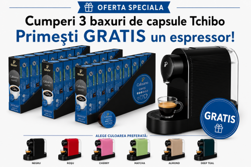 Pachet 24 cutii capsule Tchibo Cafissimo Coffee Fine Aroma si espressor Tchibo Pure Plus cadou