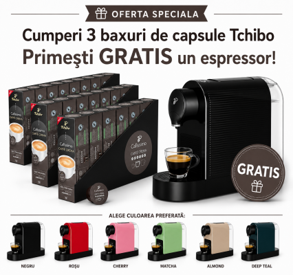 Pachet 24 cutii capsule Tchibo Cafissimo Crema Intense Aroma si espressor Tchibo Pure Plus cadou