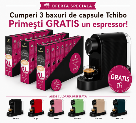 Pachet 24 cutii capsule Tchibo Cafissimo Crema Wake Up Coffee XL si espressor Tchibo Pure Plus cadou