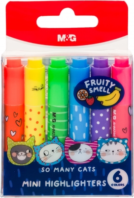 Textmarker M&G mini So many cats, parfumat cu aroma de fructe, 6 culori/set neon