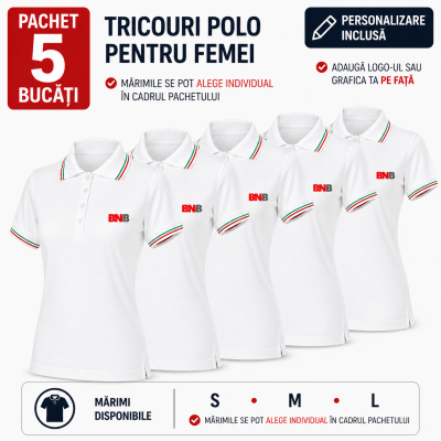 Pachet 5 tricouri polo, personalizare inclusa, JRC Aosta, Femei, marimi la alegere, alb