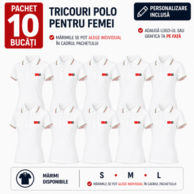 Pachet 10 tricouri polo, personalizare inclusa, JRC Aosta, Femei, marimi la alegere, alb