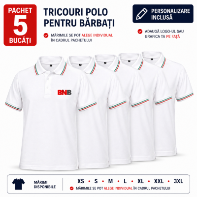Pachet 5 tricouri polo, personalizare inclusa, JRC Aosta, Barbati, marimi la alegere, alb