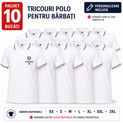 Pachet 10 tricouri polo, personalizare inclusa, JRC Aosta, Barbati, marimi la alegere, alb