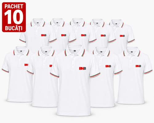 Pachet 10 tricouri polo, personalizare inclusa, JRC Aosta, Barbati, marimi la alegere, alb