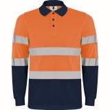 Tricou polo tehnic cu maneca lunga Hi-Vis Polaris L/S, pentru barbati, Bleumarin/Portocaliu Fluorescent, Roly