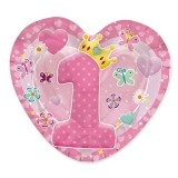 Farfurii in forma de inima 20 x 20 cm Prima Aniversare Roz 10 buc/Set Big Party