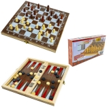 Joc 3 in 1 cu Sah, Table si Dame, in cutie de lemn, 29 cm 