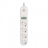 Prelungitor cu protectie Serioux, 4 prize schuko, input 100-240V, 50- 60Hz, output (Total): 2500W - 10A, 4 porturi USB, 4 porturi USB (5V- 3.1A) (Auto Max) 17W, Amperaj port USB (max) 3.4A, functie auto ID, antistatic, buton power/off, lungime cablu 2m, alb, SRXP-PS44W