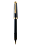 Roller Pelikan Souveran R600 Black, accesorii placate cu aur, negru/auriu, rezerva inclusa, cutie cadou